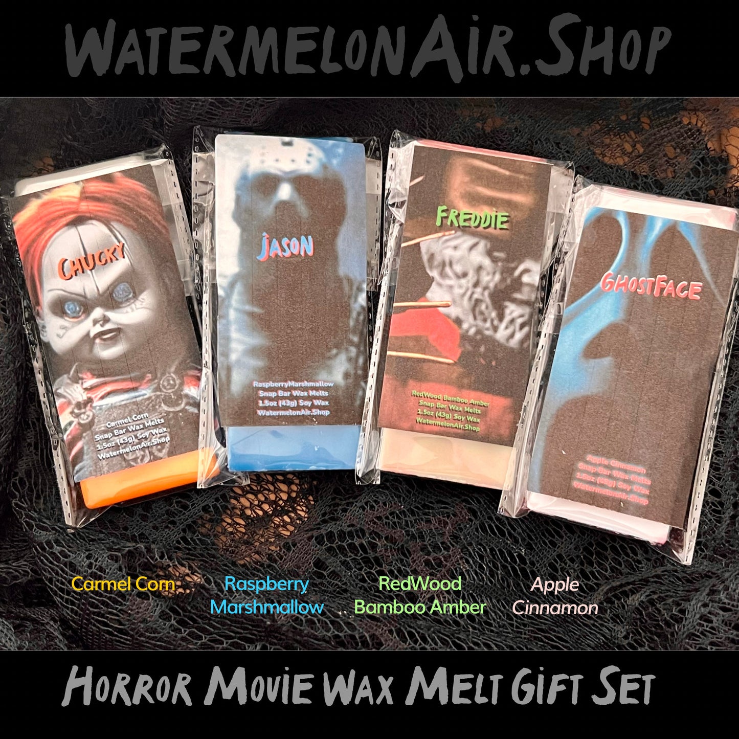 HORROR MOVIE IDOL WAX MELT Gift Set | Horror Movie | Chucky | Jason | Freddy | Ghostface | Goth gift | Movie gift | Scary Movie Wax Melts